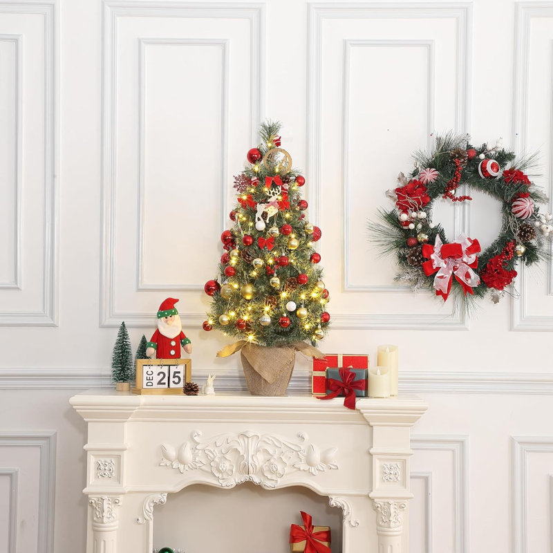 2Pcs 3Ft Mini Pre-Lit Christmas Tree, Artificial Tabletop Christmas Trees, Small Potted Xmas Tree With 78 LED Lights, Burlap Base, Red Berries And Pine Cones Fo Table Desk Decor