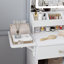 Bureau de coiffeuse avec lumières à miroir à DEL et station de charge de prise de courant, coiffeuse à maquillage avec 3 tiroirs, 7 tablettes et tabouret de rangement, pour filles et femmes (blanc)
