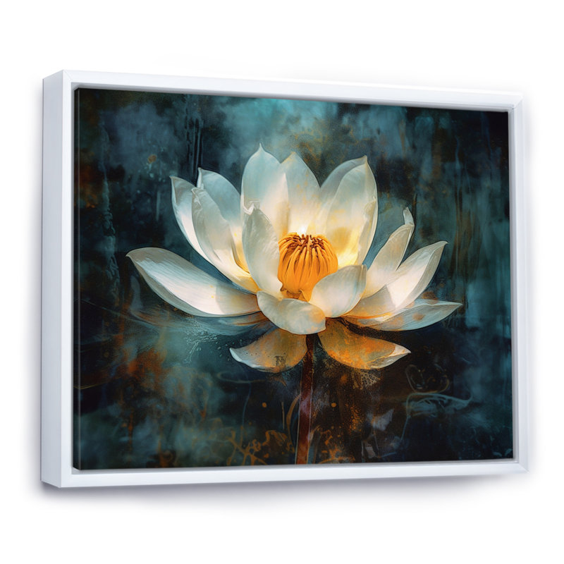 Lotus blanc rétro sur fond grunge - reproduction sur toile, H 16 po x l 32 po x P 1 po, Cadre flottant blanc