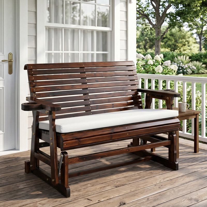 Banc de patio en bois massif carbonisé avec coussin et porte-gobelets, Dark Brown