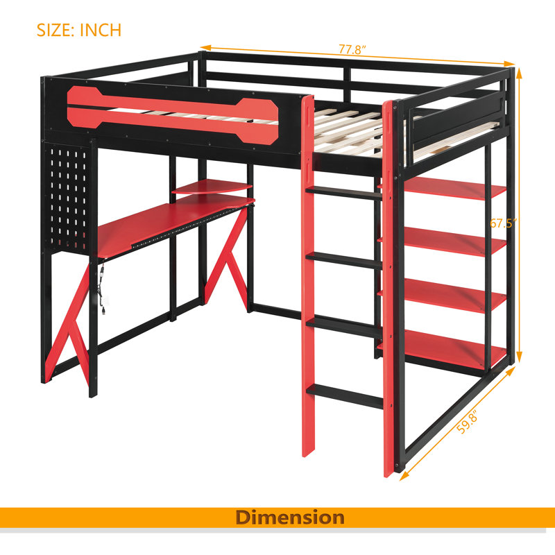 Full Size Wood Loft Bed With Desk, Shelves, Power Outlet & USB/Type-C Ports, , And RGB Light, Red