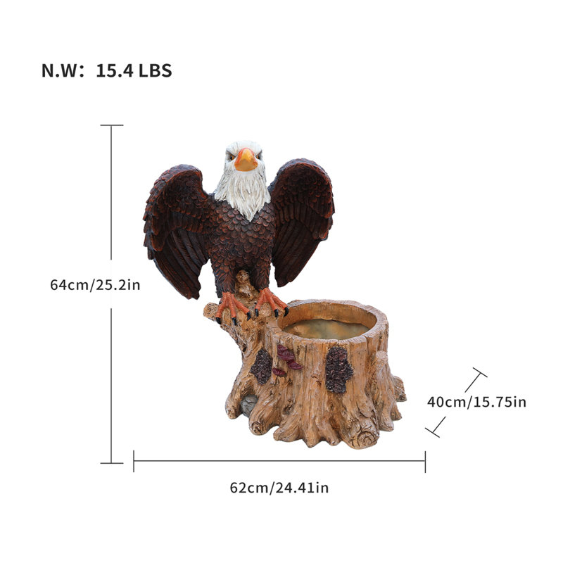 Pot à fleurs sur une souche d'arbre Majestic Eagle avec des ailes déployées - Pot de fleurs décoratif en polyrésine durable pour patio et pelouse - Cadeau de décoration unique