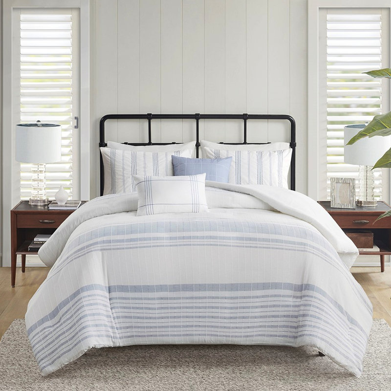 Housse de couette en coton double / grand - 5 pièces avec housse et taies décoratives Oreillers décoratifs Lavable à la machine Rayures de couleur contrastante Style moderne Fermeture à boutons superposés Coloré