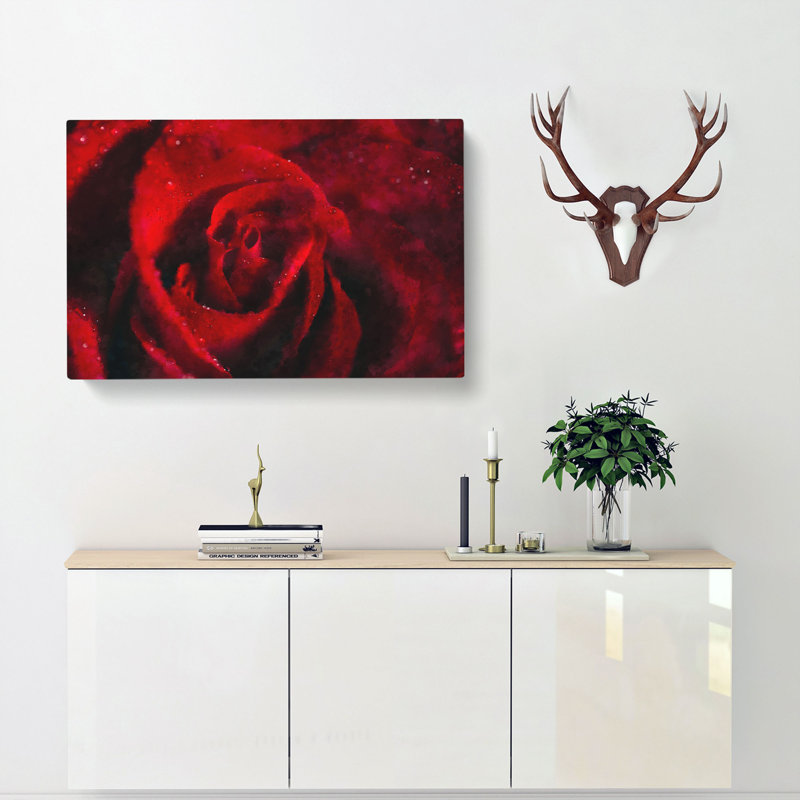 Drops Upon A Red Rose - Wrapped Canvas Painting, 35cm H x 50cm W x 3cm D