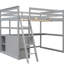 Lit mezzanine double avec bureau, tablettes et cadre gris - Construction en bois de pin pour une chambre à coucher fascinante-303046815-303046813