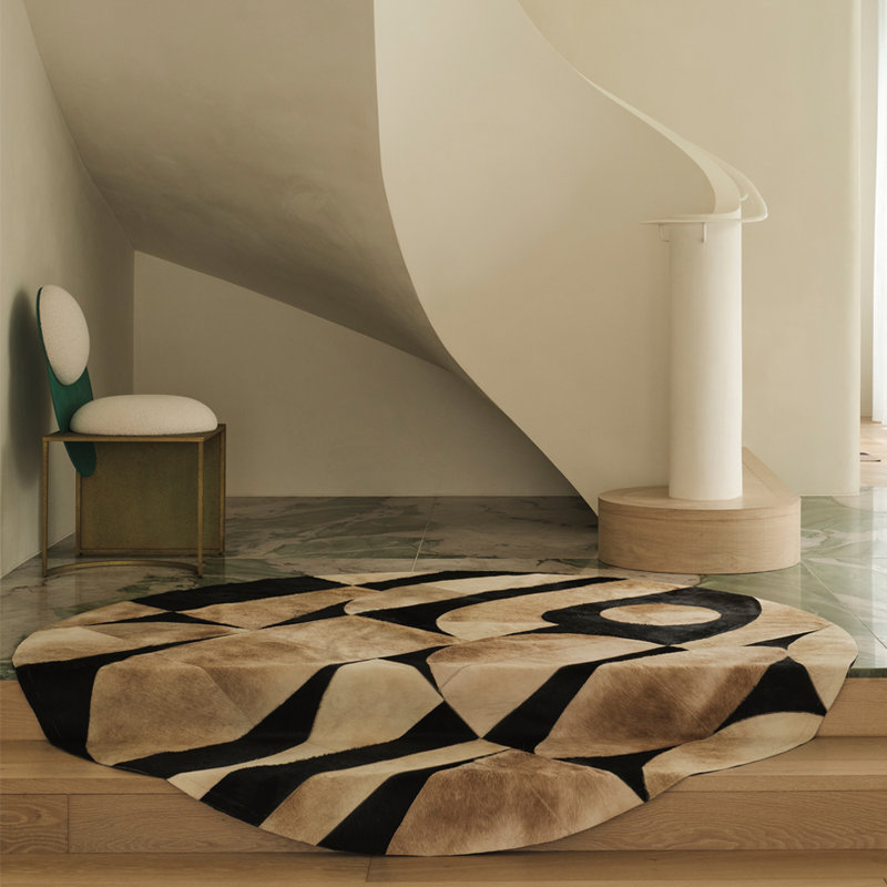 Art Hide X Greg Natale Cowhide Block Print Area Rug, Round 9′10"