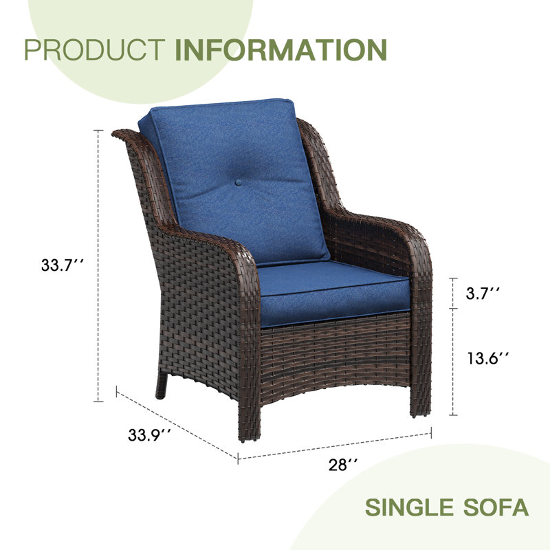 Stylish Outdoor Woven Rattan Single Sofa, Navy Cushion/Brown Frame