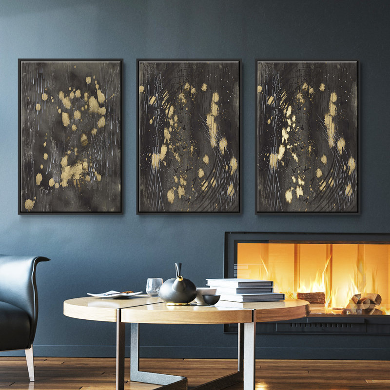 Cosmic Downpour - Ensemble de 3 cadres flottants sur toile, Cadre flottant noir, H 27 po x l 54 po