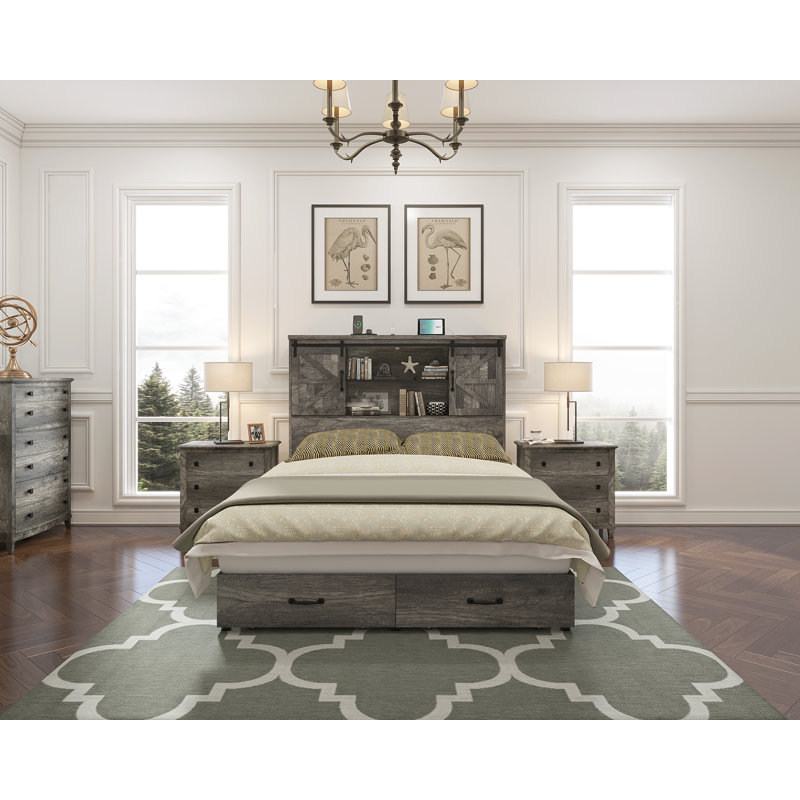 Tryston Sherell Wooden Bookcase Queen Bed Frame, Rustic Grey, Queen, Rustic Grey