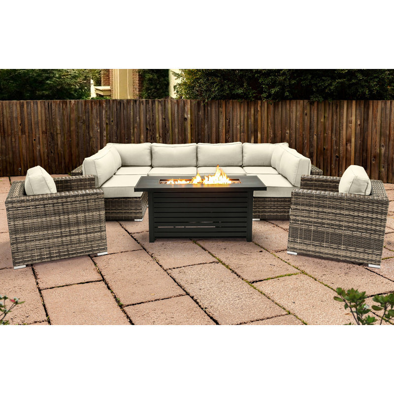Ensemble de conversation modulaire 9 pièces avec foyer en métal et coussins Sunbrella Lsi, Canevas