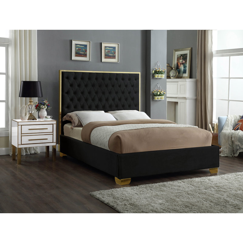 Lit plateforme tapissier capitonné Spadaro, Grand, Velours noir, Or