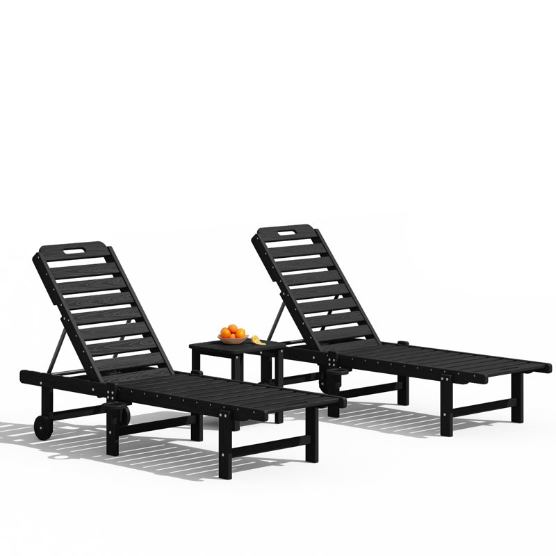 78" Long Outdoor Reclining Chaise Lounge With Cup Holder & Wheels (Set Of 2), Black