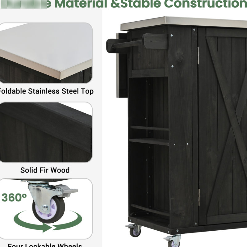 Îlot de cuisine extérieur en noir - Bois de sapin et grand espace de rangement en acier inoxydable, porte-serviettes, ouvre-bouteille à épices, roues verrouillables pour la mobilité en bois massif, mouvement spacieux en douceur et sans effort