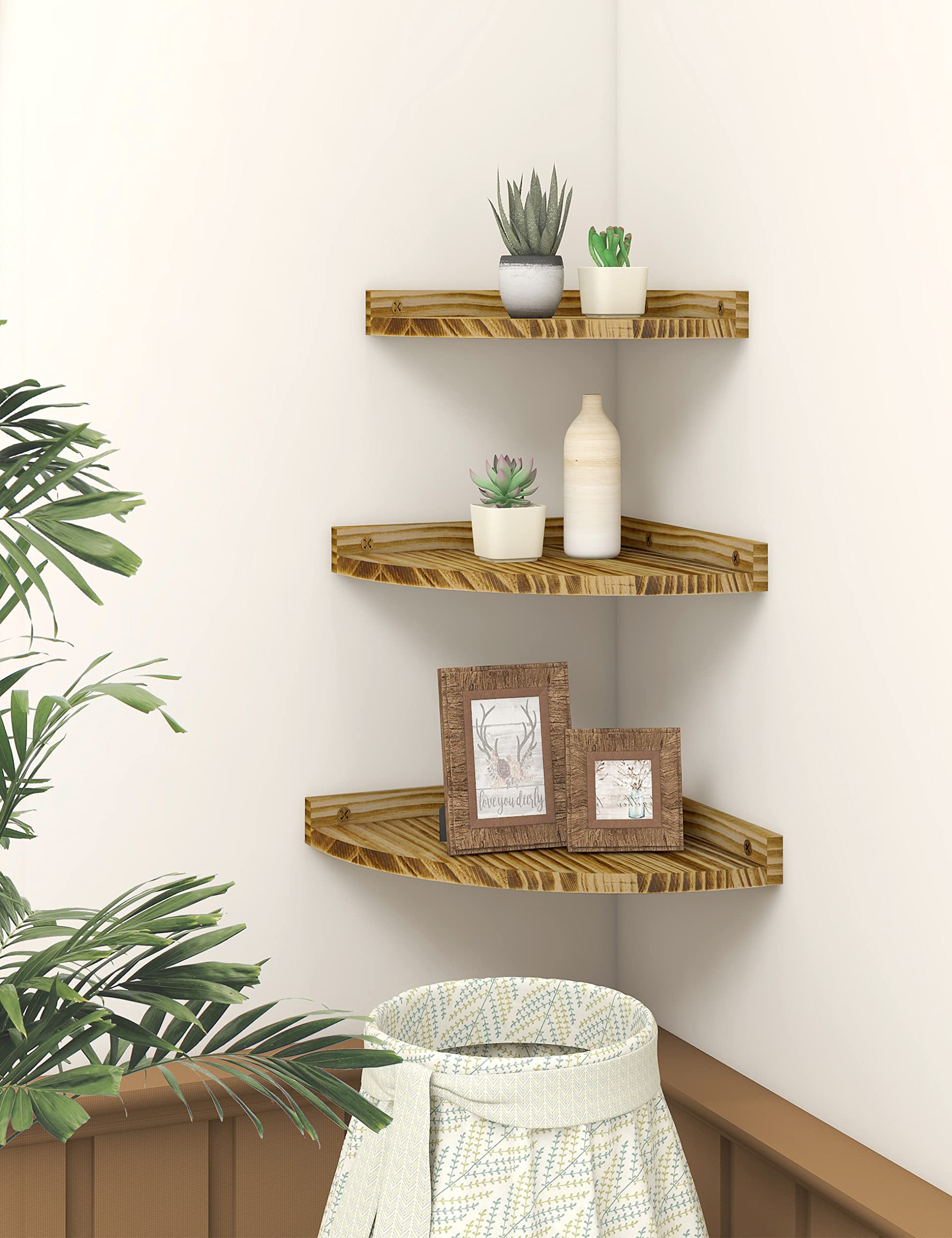  4 Tier Floating Corner Shelves White Set of 4, Rustic