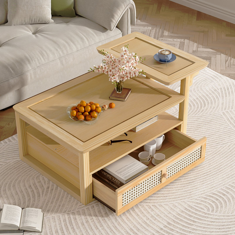Table basse moderne, table basse avec 1 tablette de rangement, 2 plateaux de table et 1 tiroir en rotin pour le salon, Brun