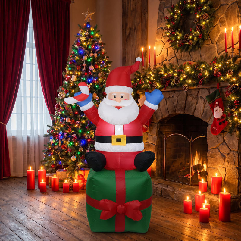 6ft Inflatable Santa Claus on Gift Box – Outdoor Christmas Yard Decoration for Lawn & Garden, Height 180cm