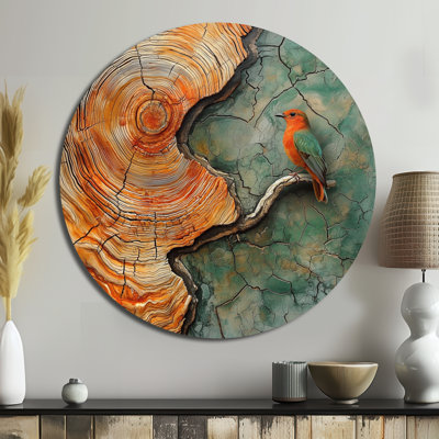 Pic avec harmonie de glissade sur bois - art mural moderne en métal orange, impression de pic sur cercle en métal