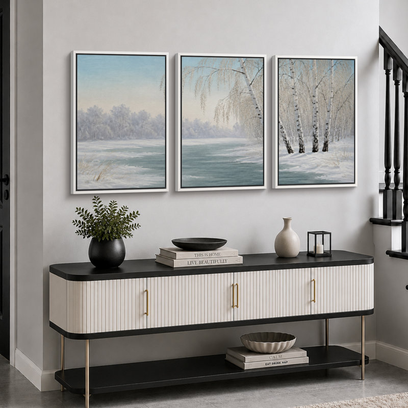 Frozen Lake Winter Woodland Landscape, H 24 po x l 48 po x P 1,5 po, Cadre blanc