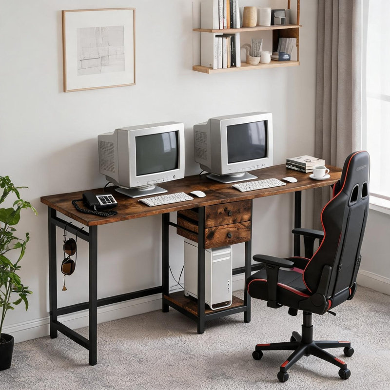 Bureau d'ordinateur pour deux personnes avec tiroirs en noir de jais et brun rustique, poste de travail rectangulaire en bois aggloméré de 78,8 pouces pour le bureau à domicile ou la salle de jeux