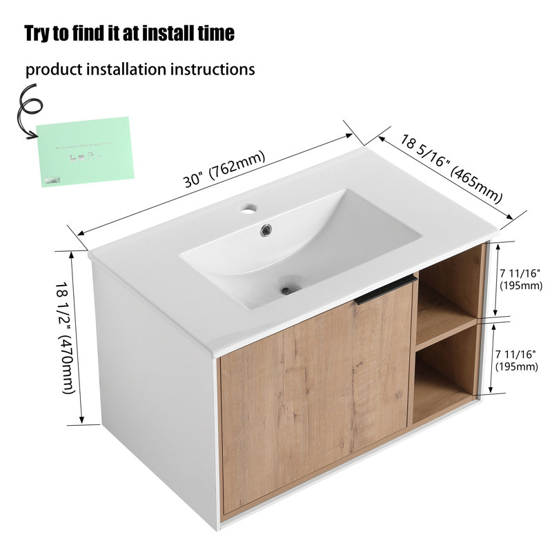 Meuble-lavabo simple mural 30 po avec comptoir en céramique