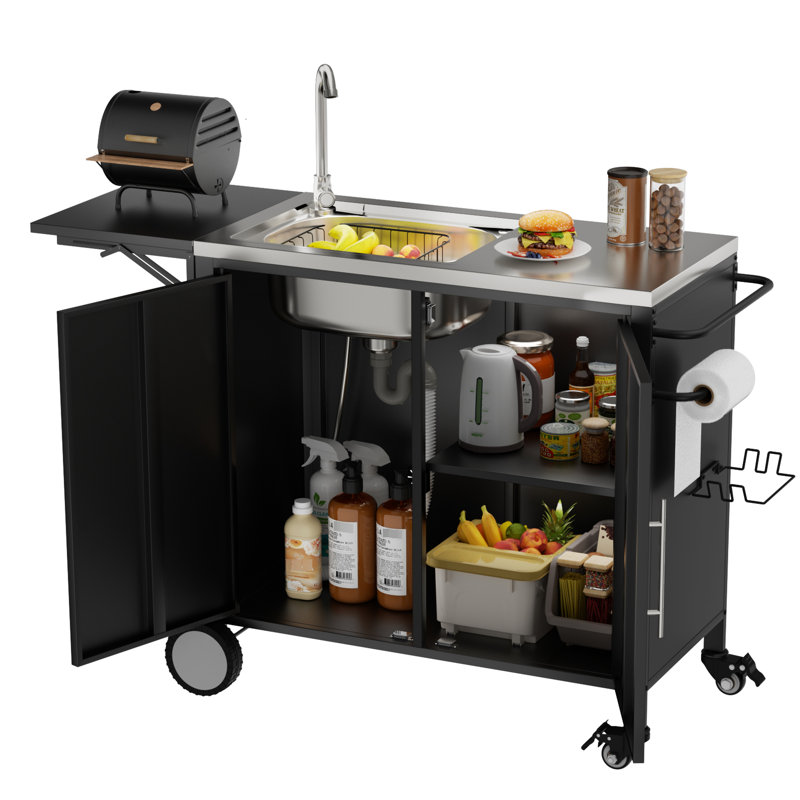 Chariot de barbecue multi-usages avec évier et plateau pliable, table de travail en métal, roulettes pour jardin, acier inoxydable 304, armoire de cuisine avec système de drainage, 360 roues, travail spacieux