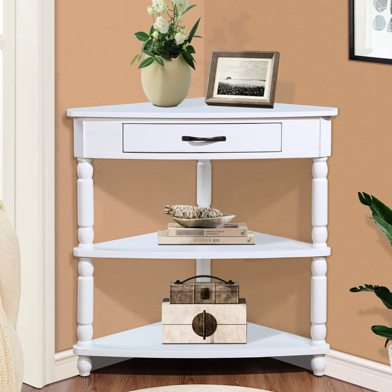 Table de coin à 3 niveaux blanc laiteux, 33,8 po, pieds en bois massif pour une utilisation fiable avec des espaces limités - salon, chambre à coucher, salle de bain, couloir, balcon à fixation simple 33,8 po