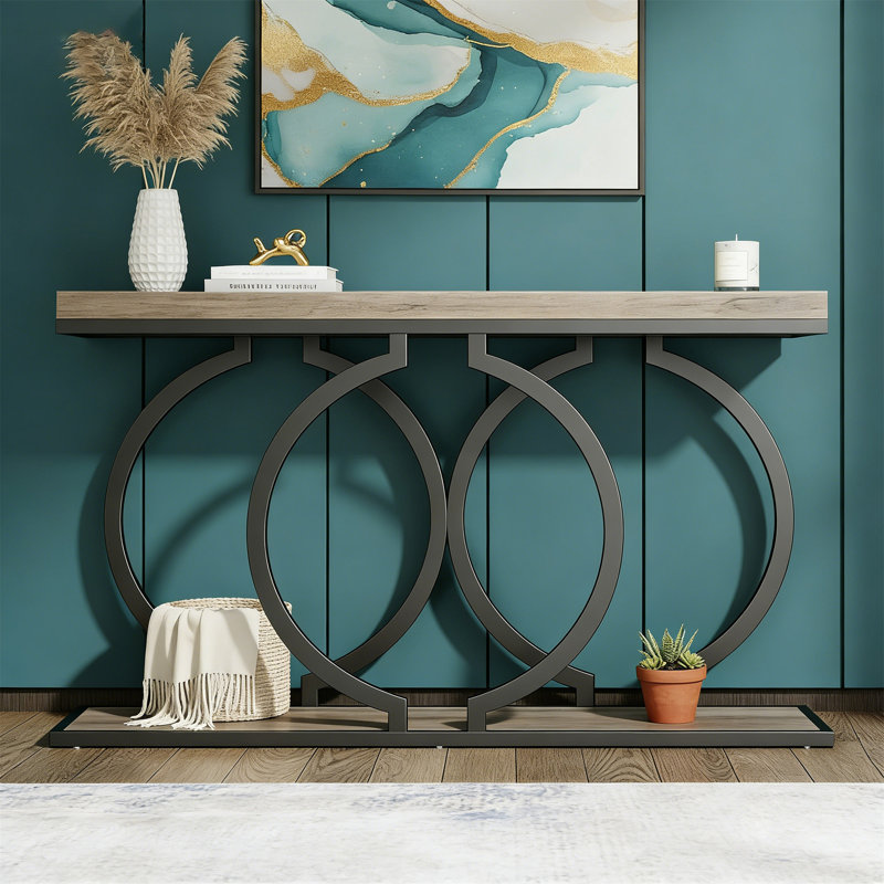 Console 55 po, canapé d'entrée étroit avec structure en métal géométrique, Gris rétro, Gris rétro