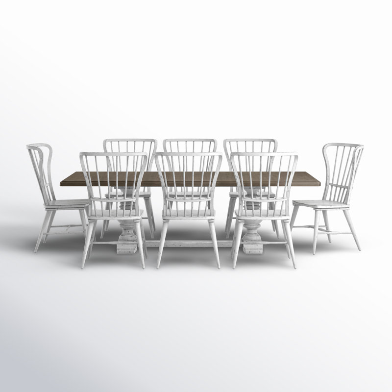 Chalita Trestle Dining Set with Rectangular Table, 9 Pieces: Table, 8 Chairs, Tobacco/White, White