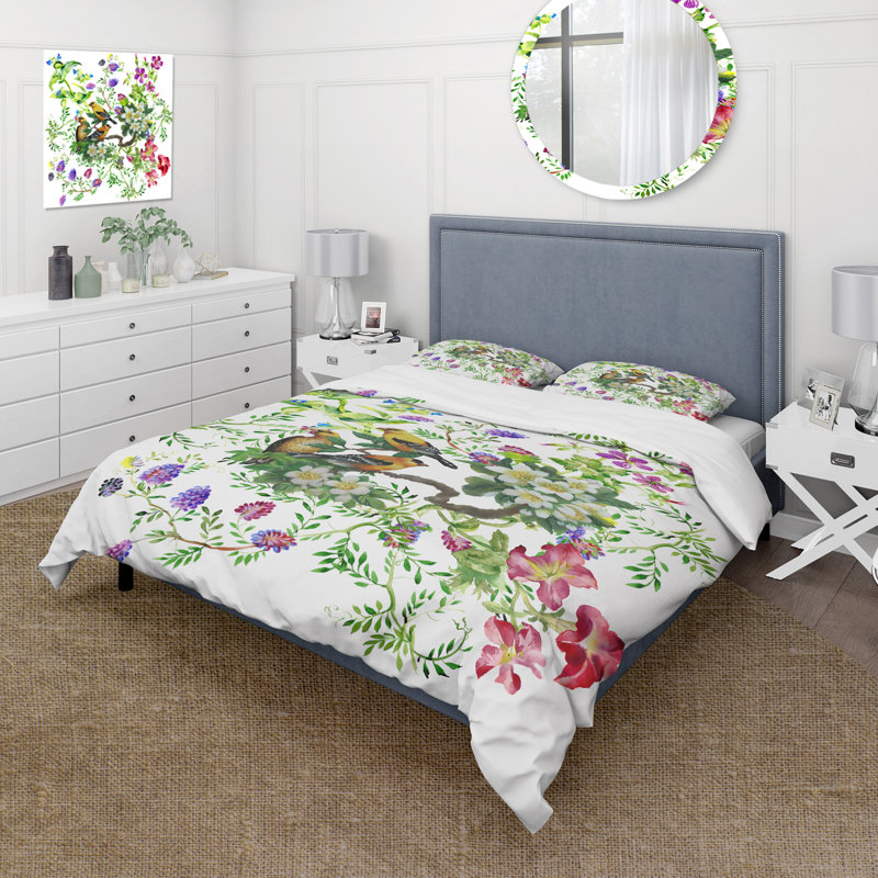 Oiseaux tropicaux avec un arbre en fleurs - Ensemble de housse de couette traditionnel - Polyester en microfibre