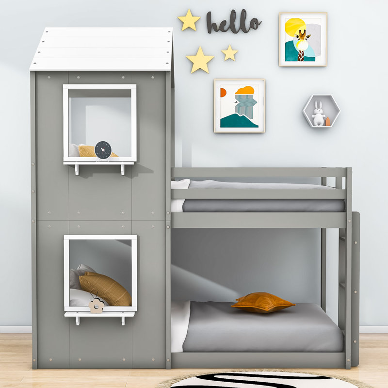Twin Over Twin Bunk Bed With Safety Features And Roof, Gray