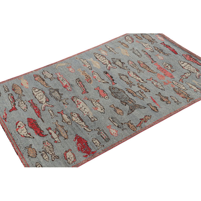 Rug & Kilim’S Mid-Century Style Rug In Blue With Colorful Fish Pictorials, Rectangle 9' x 12'