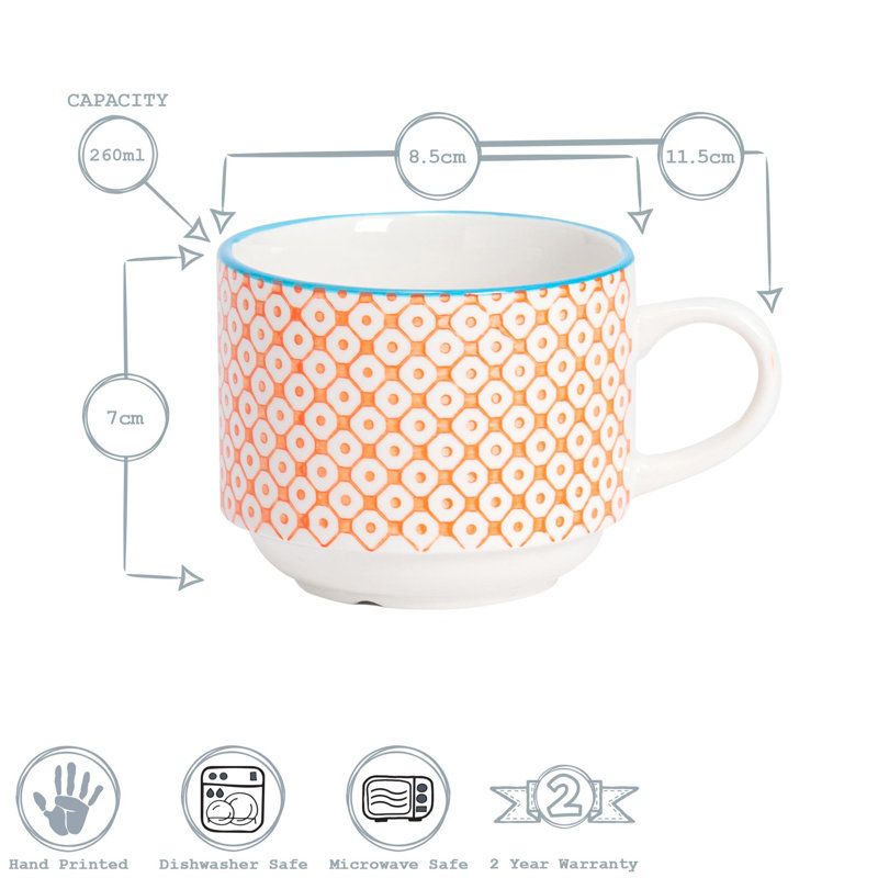 Nicola Spring - Hand-Printed Stacking Teacups - 260ml - Orange, 6