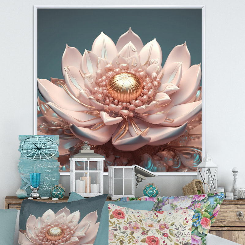 «Pink Blossoming Glam Lotus» avec impression sur toile, H 36 po x l 36 po x P 1,5 po, Cadre flottant blanc