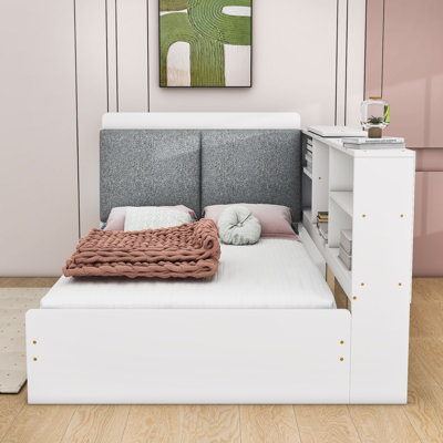Lit plateforme simple en bois avec tablettes de rangement et 2 tiroirs Aryabella