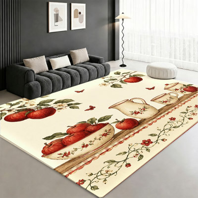 Tapis d'intérieur de style vintage lavable à la machine avec envers antidérapant, motif de pommes rouges et de fleurs, idéal pour le salon, la chambre à coucher, l'entrée, la cuisine ou le balcon.
