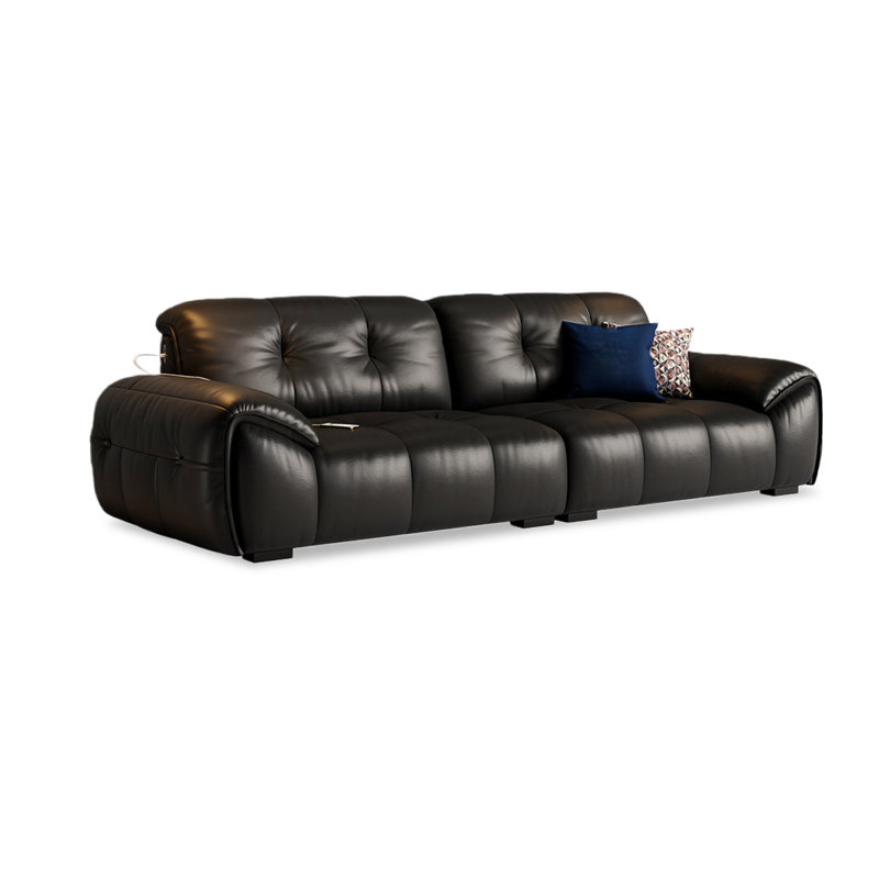Causeuse-coussin modulable noire en cuir véritable