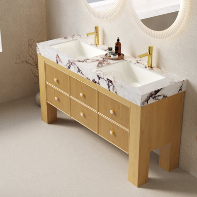 Lonis 60" Bathroom Vanity With Sink, Freestanding Plywood Bathroom Storage Cabinet With 6 Drawers, Sintered Stone Countertop With And 2 Ceramic Basins, Pre-assembled, Corolla Oak Woodgrain Color