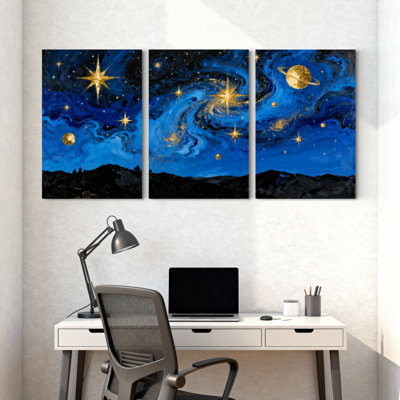 Abstrait ciel étoilé avec planètes et étoiles, ensemble de 3 impressions sur toile