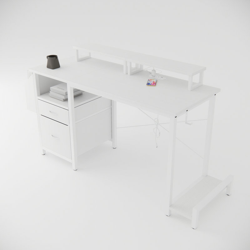 47" Computer Desk With Power Outlet,Monitor Stands,Shelves, Office Desk/Writing Table/Gaming Desk With Drawers,Large Side Pocket And Hooks,Easy To Assemble,Frame Stability Reversible