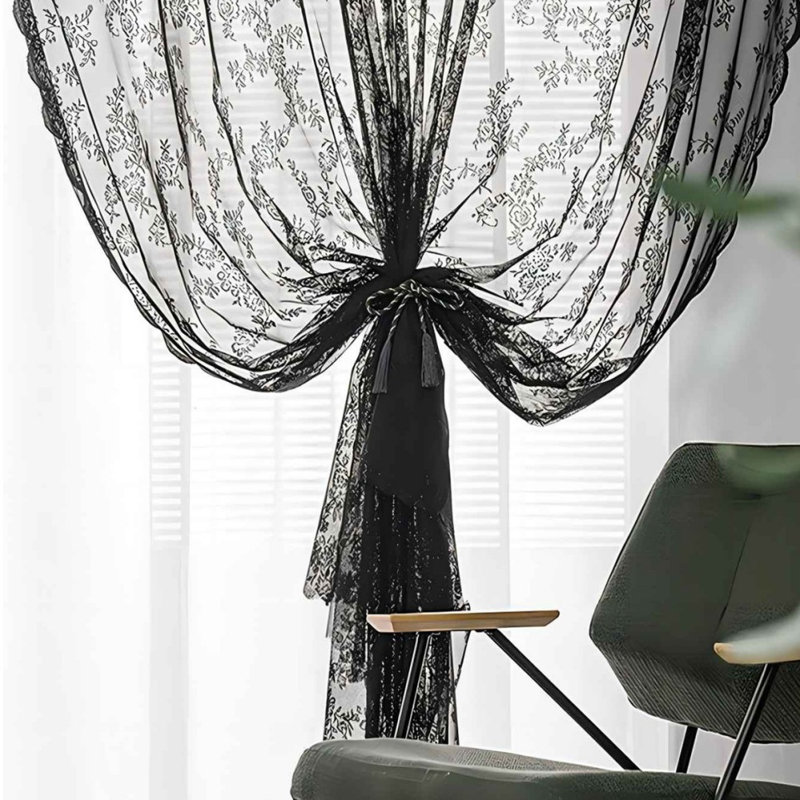 2 Panel Lace Curtain Airy Sunscreen Thin Dustproof Washable Decorative Tear Resistant Floral Patterned Black Lace Sheer Curtain For Home Decor, W/100cm X L/100cm