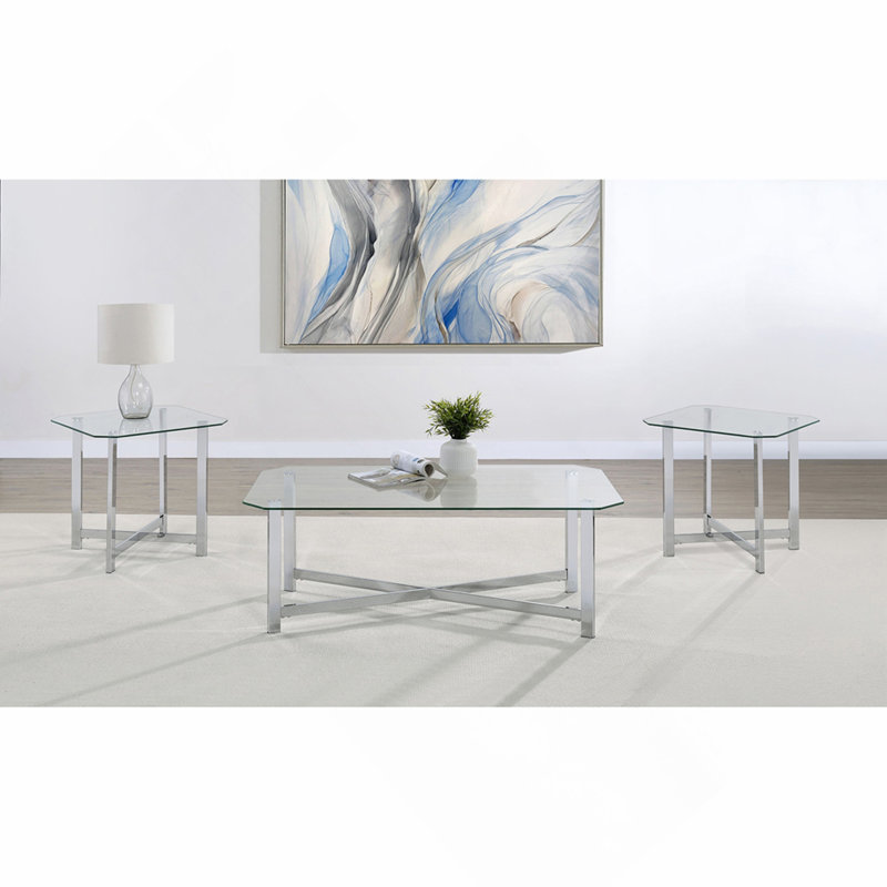 Ensemble de 3 tables basses chromées, Clear / Silver, 18.25" H x 48" W x 26" D, Silver