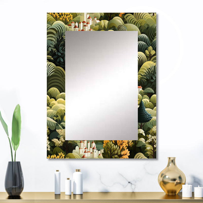 «Green Dreamy Forest Landscape», miroir mural décoratif abstrait, grand miroir abstrait, reproduction d'art en métal