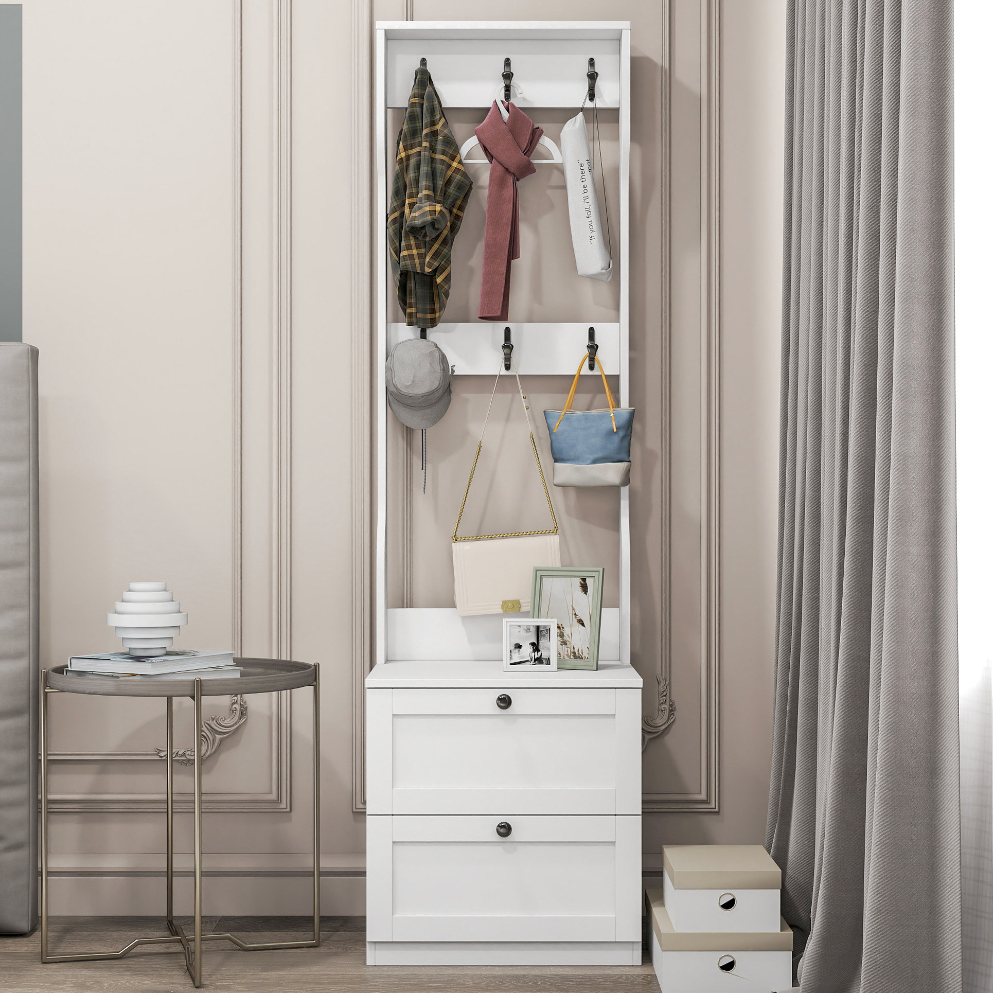 Latitude Run® 21 White Wood Bedside Table And Coat Rack With Ample ...