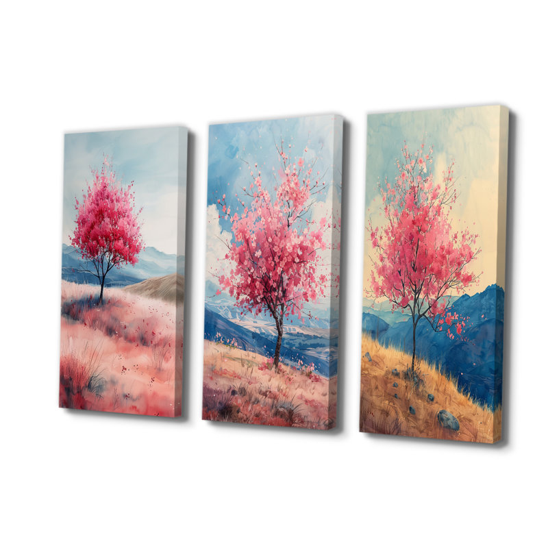 Pink Blue Cherry Blossom Tree Meadow Dream I - Traditional Canvas Prints Collection, Wrapped Canvas, 28" H x 36" W
