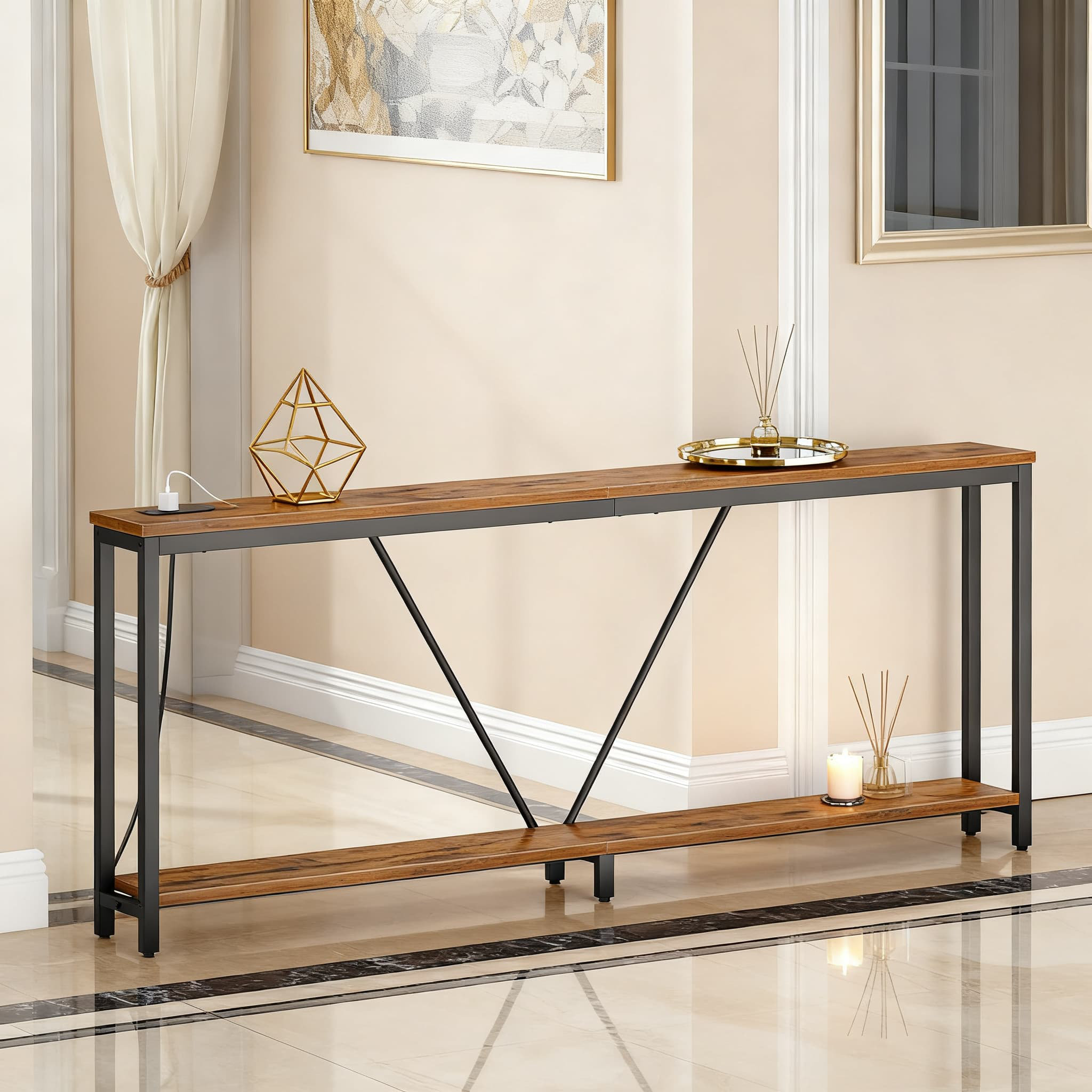 17 Stories Extra Long Sofa Console Table With Charging Station, 2-Tier ...