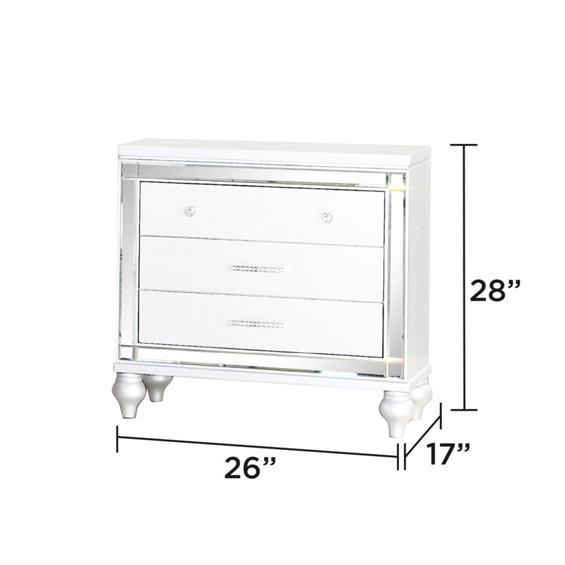 Table de chevet blanche à miroir avec design moderne et trois tiroirs spacieux pour les décorations de chambre à coucher