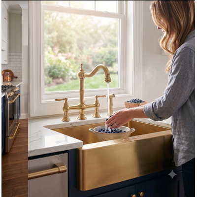 Brushed Gold Victorian Bridge Kitchen Faucet With Pull Out Sprayer