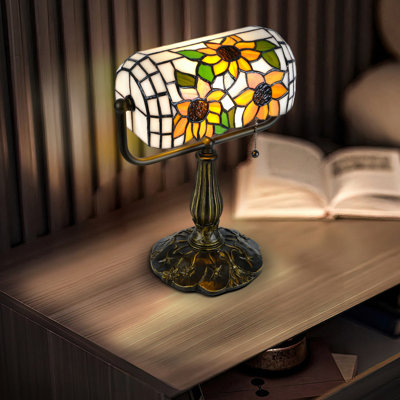 Sunflower Tiffany Banker Desk Lamp - Handmade Pure Glass Adjustable Piano Light with 8W LED Bulb, pull chain Switch, Vintage Decor for Bedroom, Office & Living Room