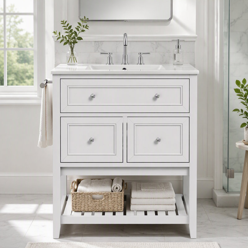 Meuble-lavabo de salle de bain avec lavabo en céramique, tiroirs et tablette ouverte, Blanc