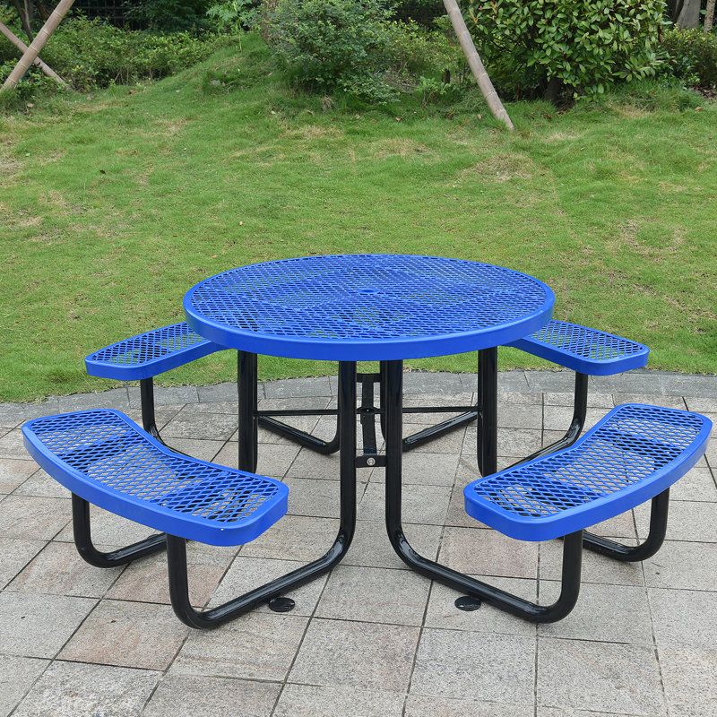 Table de pique-nique ronde en acier 46 po avec mât de parasol, Bleu